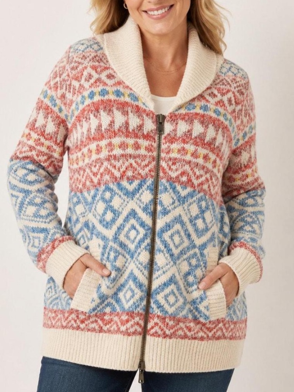 CAbi Highlands Cardigan Fair Isle Zip Front Shawl Collar Knit Sweater Style 3847